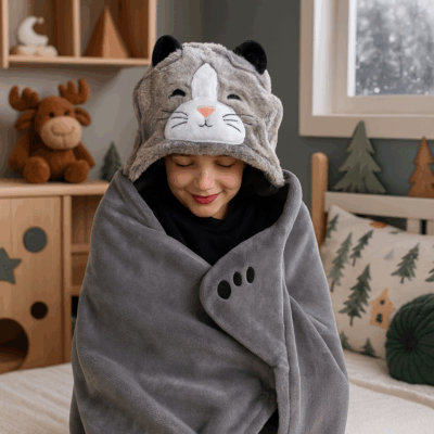 Fleece παιδική κουβέρτα με κουκούλα και χεράκια - Γατούλα