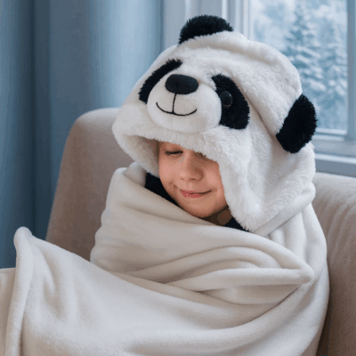 Fleece παιδική κουβέρτα με κουκούλα και χεράκια - Panda