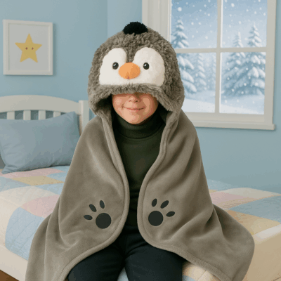 Fleece παιδική κουβέρτα με κουκούλα και χεράκια - Πιγκουίνος