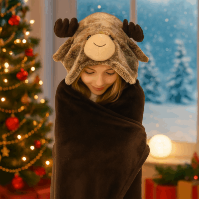 Fleece παιδική κουβέρτα με κουκούλα και χεράκια - Τάρανδος