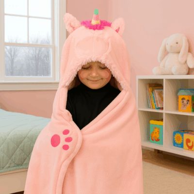 Fleece παιδική κουβέρτα με κουκούλα και χεράκια - Μονόκερος
