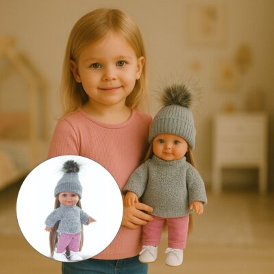 Παιδική κούκλα "Betty με γκρι σκούφο και ροζ παντολόνι"-30εκ.